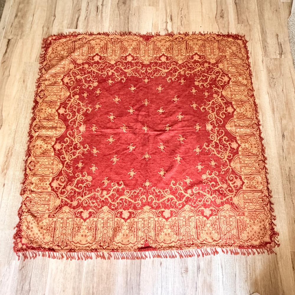 Vtg Opera Red Gold Jacquard Damask Square Tablecloth Beaded Fringe 55x55 India